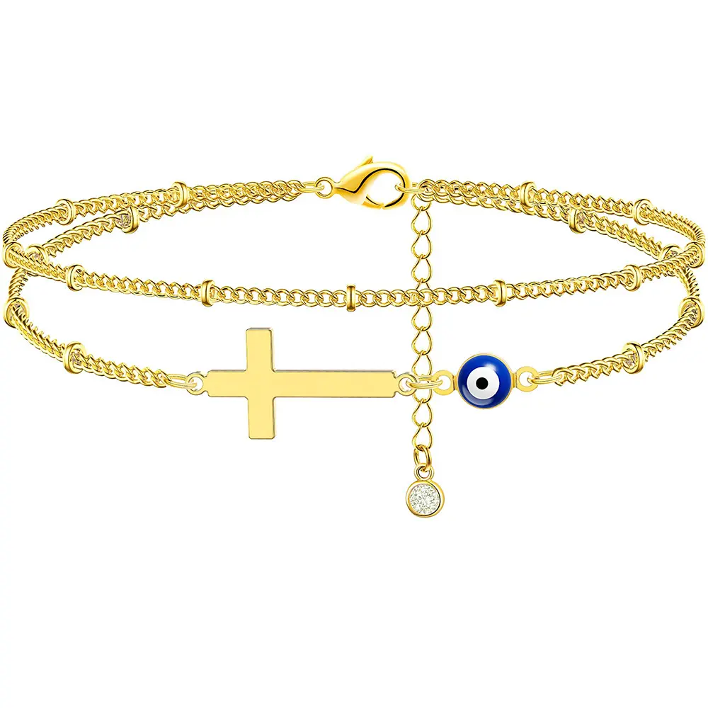 Double Layer Cross Evil Eye Anklet for Women, Gold Adjustable Christian Protection Ankle Bracelet with Blue Evil Eye Charm Tiny Crystal Dangle, Spiritual Protection Jewelry for Daily Wear & Faith Gift