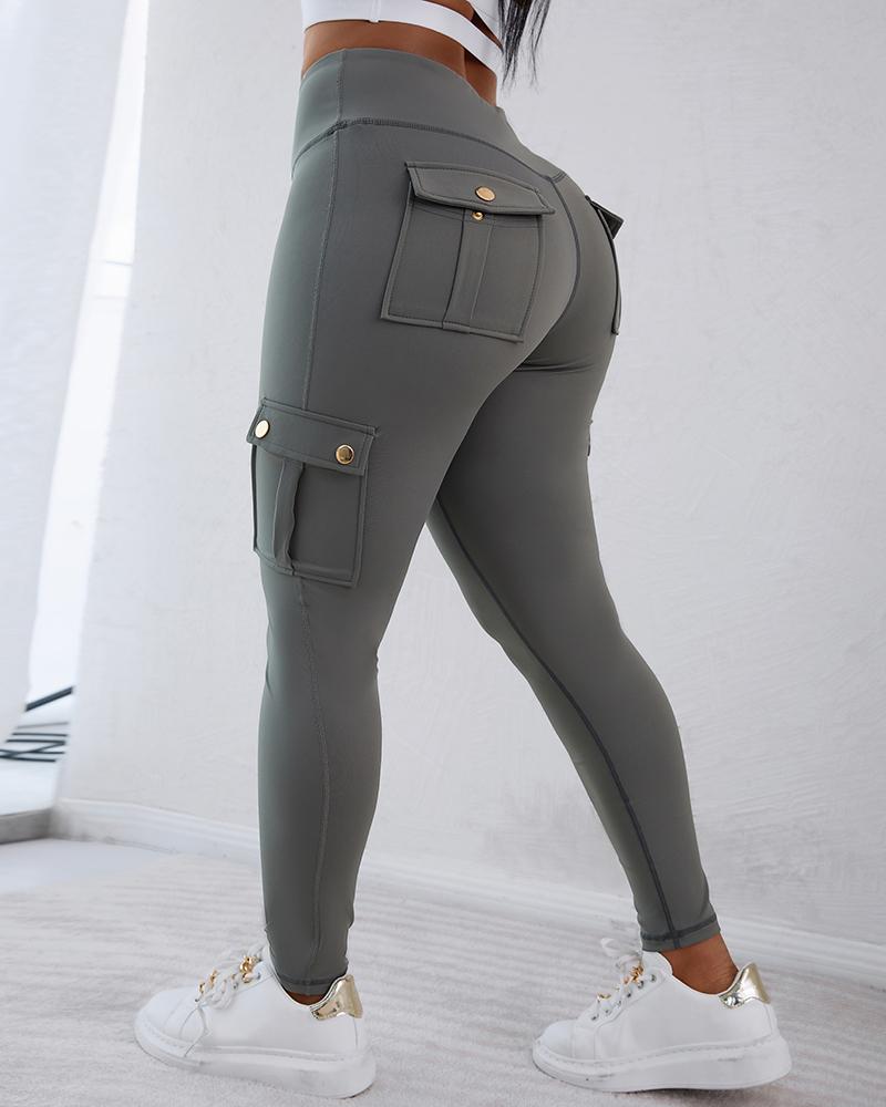 ChicMe Womens Butt Lifting Leggings with Flap Pockets/ High Waist Tummy Control Workout Cargo Leggings/High Waist Tummy