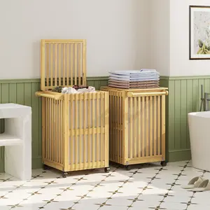 HOOBRO Laundry Hamper with Lid and Wheels, 120 L (31Gal) Double Laundry Basket, Bamboo Clothes Hamper with Handles and Removable Liner, for Laundry Room, Bathroom, Bedroom, Natural