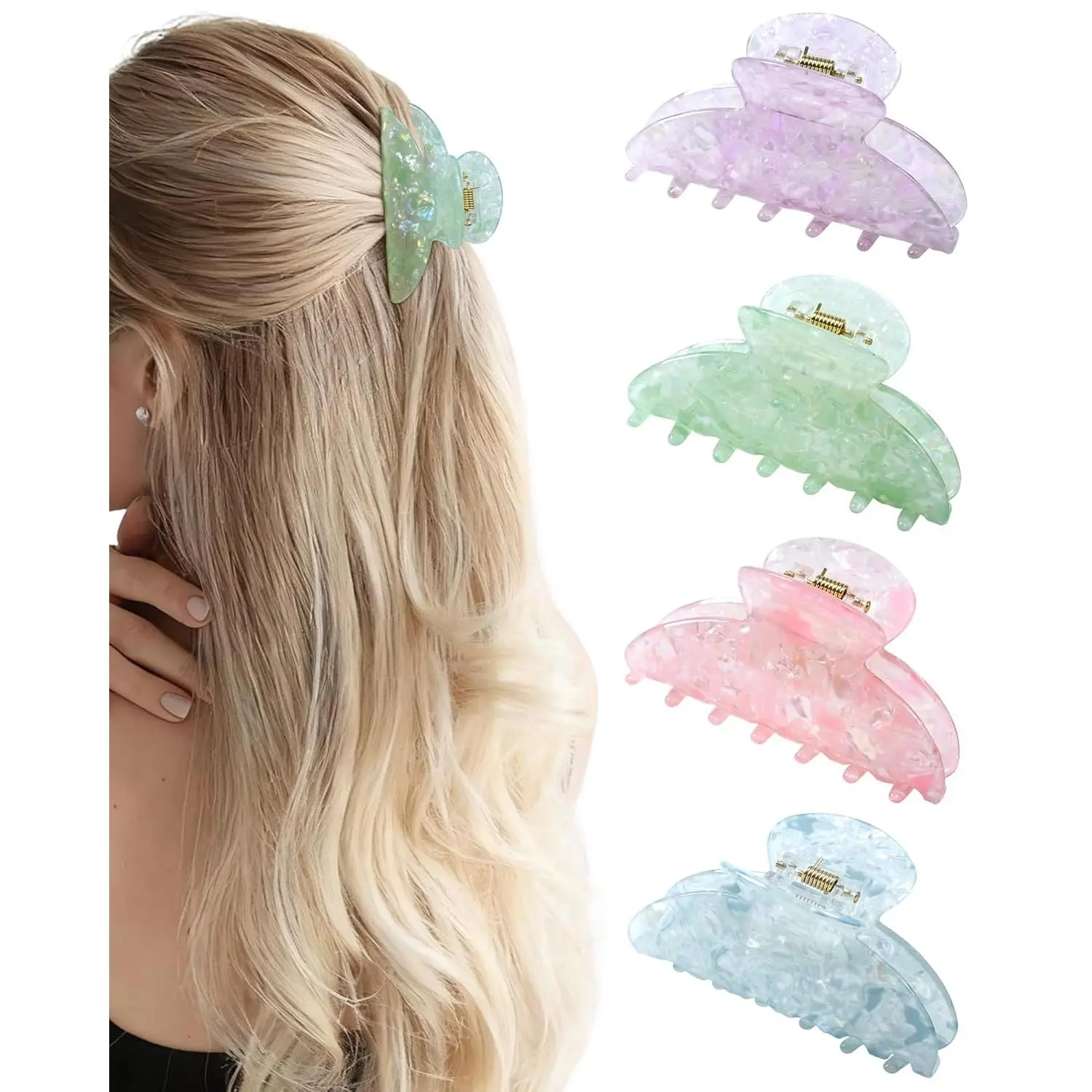4 Pack  Hair Claw Clips for Women, 3.1 Inches Shiny Cute Hair Grip Hairclips for Thin and Thick, Banana Barrettes Hair Clups  Hold Hair Accessories (Blue, Green, , )
