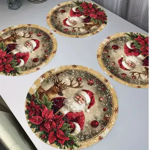 4pcs Christmas Theme Round Placemats, Santa Reindeer Pattern Table Mats, Perfect for Holiday Gatherings and Home Decor, Christmas Desktop Decoration