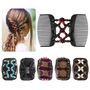 1pc [Double Clips Magic Hair Comb] Handmade Beaded Decor Stretch Comb Magic Beading Hair Comb Double Clips Hair Styling Accessories For Women
