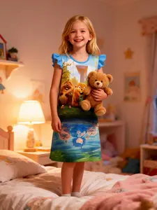Girls' Cute Hoppers Cartoon Print Dress, Summer Short Sleeve Sleepwear, Casual Comfortable Home Wear, Fitted Style, All Seasons