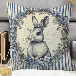 1pc Vintage Easter Bunny Throw Pillow - Double-Sided Floral & Rabbit Decor Cushion, Creative decorative cushion, with Zipper Closure, Machine Washable Soft Polyester Home Decorations - Easter Home Accent in Beige, Blue - Easter Gift (14x14, 16x16 In