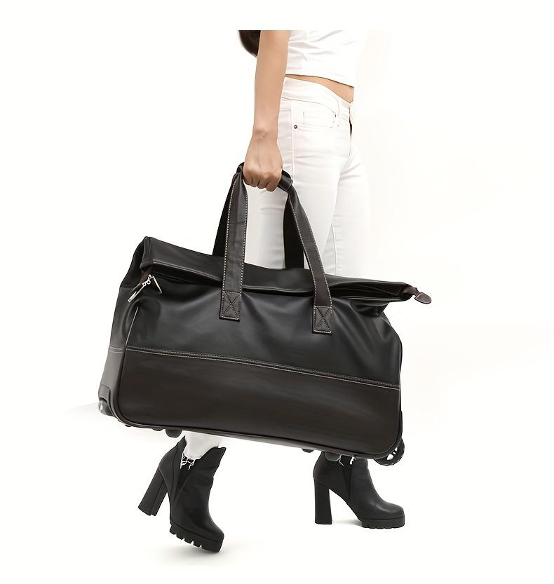 Faux Leather Rolling Duffel Bag Wheeled Weekender Travel Luggage with Telescopic Handle