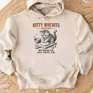 Gildan Women's Long Sleeve Ribbed Polyester Casual Hoodie - Cute Cat Baking Pun "We Knead Em You Need Em", Everyday Lady Cat Lover Comfortable Printed Sweatshirt
