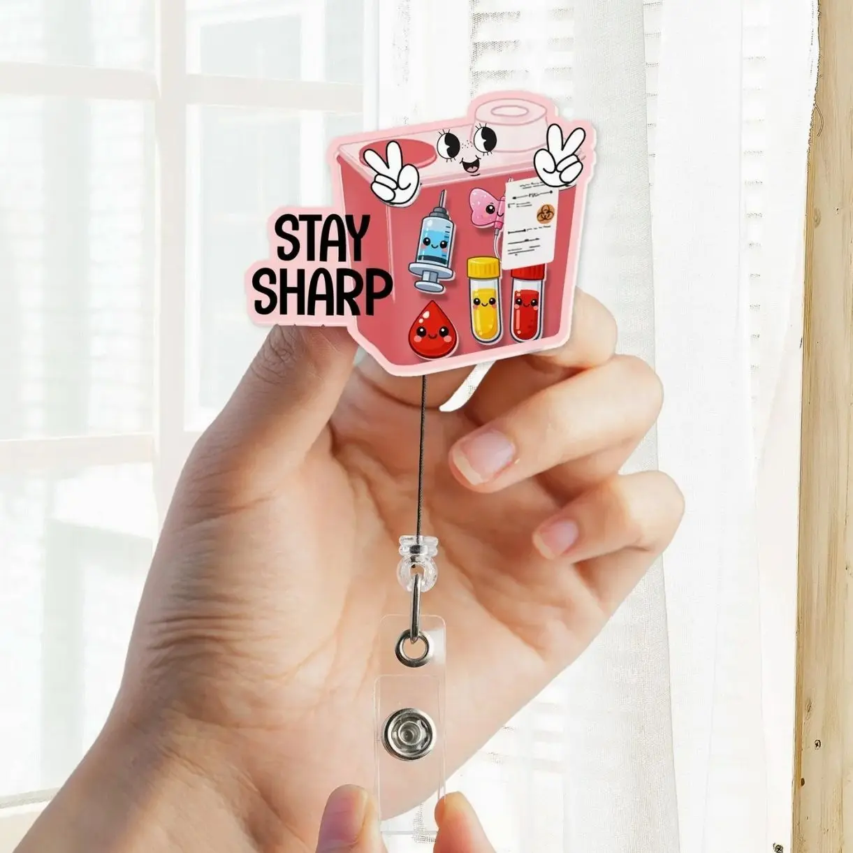 Stay Sharp Sharps Container Shaker Badge Reel | Phlebotomy ID Holder | Lab Tech Gift | Nurse TikTok 439