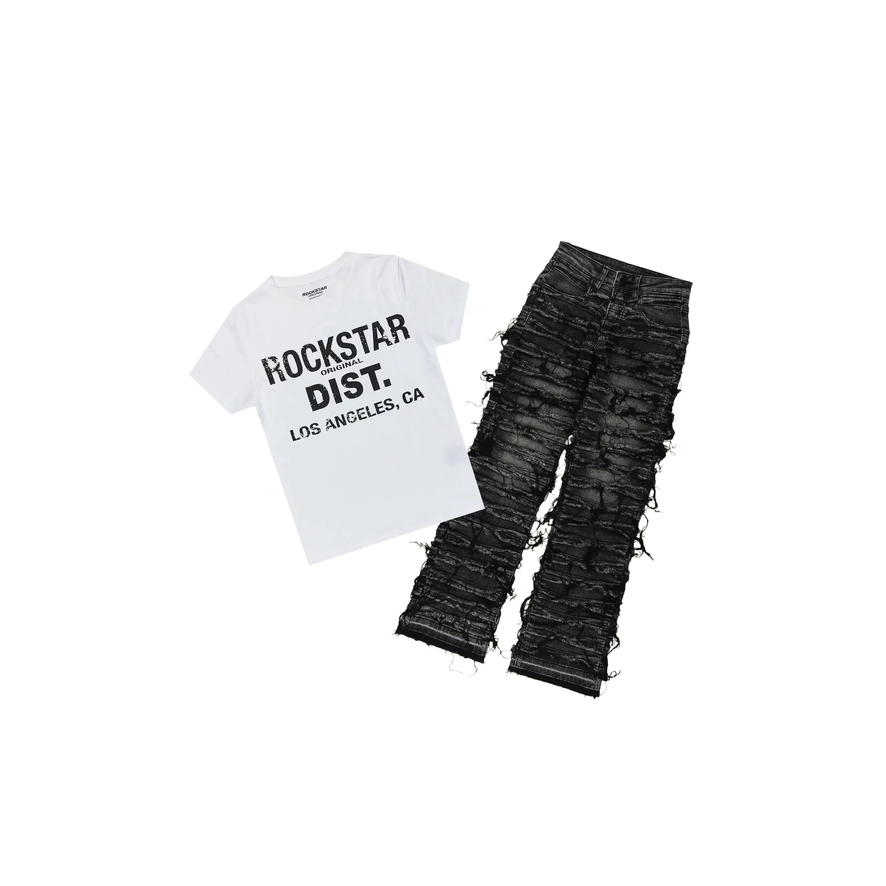 Girls Reese White/Grey T-Shirt Stacked Jean Set Girls Reese White/Grey T-Shirt Stacked Jean Set