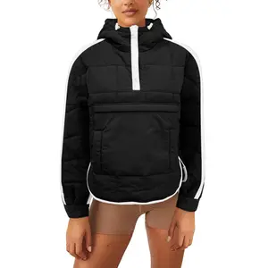 Imily Bela Womens Puffer Pullover Jacket Winter Quilted Hoodies Contrast Trim Hooded Puffy Coat Outerwear with Pockets