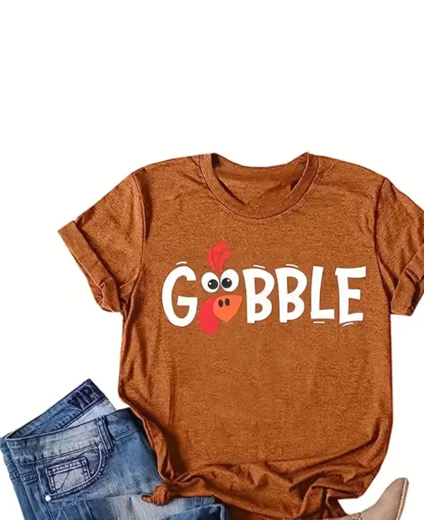 Gobble Cute Turkey Face Thanksgiving Women's Short Sleeve T-Shirt,Fall Thanksgiving T-Shirt, Gobble Funny Cartoon Turkey Face Holiday Casual Top