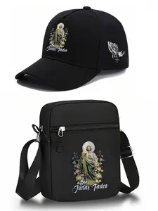 San Judas Tadeo Print Set, Unisex Curved Brim Hip Hop Baseball Cap and Crossbody Bag, Street Fashion Outdoor Sports Hat and Bag, Gift Option, Versatile, Streetwear
