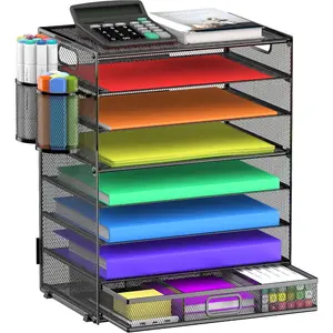 8 Tier Paper Letter Tray Organizer with Drawer & 2 Pen Holders, Mesh Desk File Holder Storage Organization for  School Classroom & Office