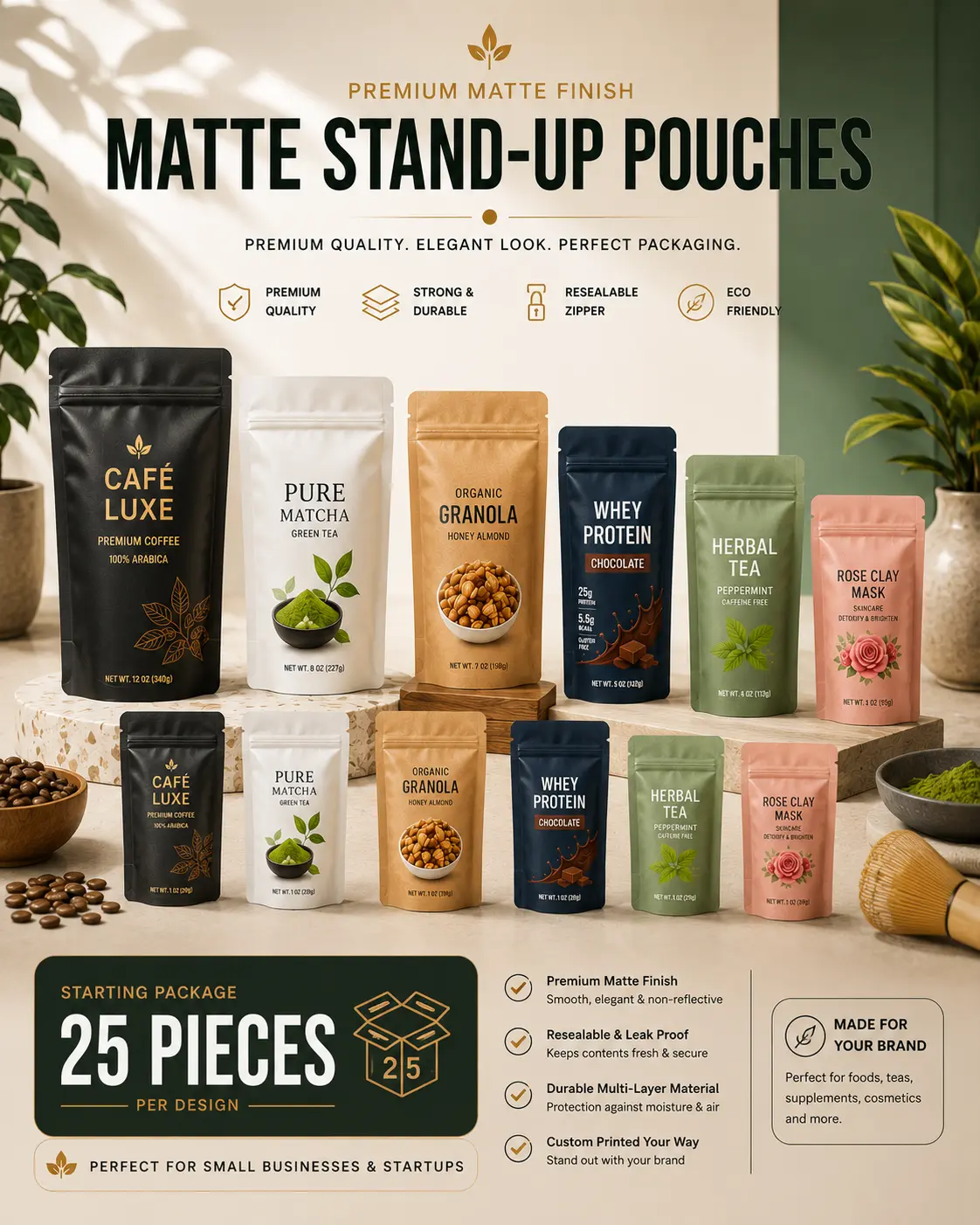 Custom Matte Stand-Up Pouches | Direct Transfer Printing| 25 Pieces