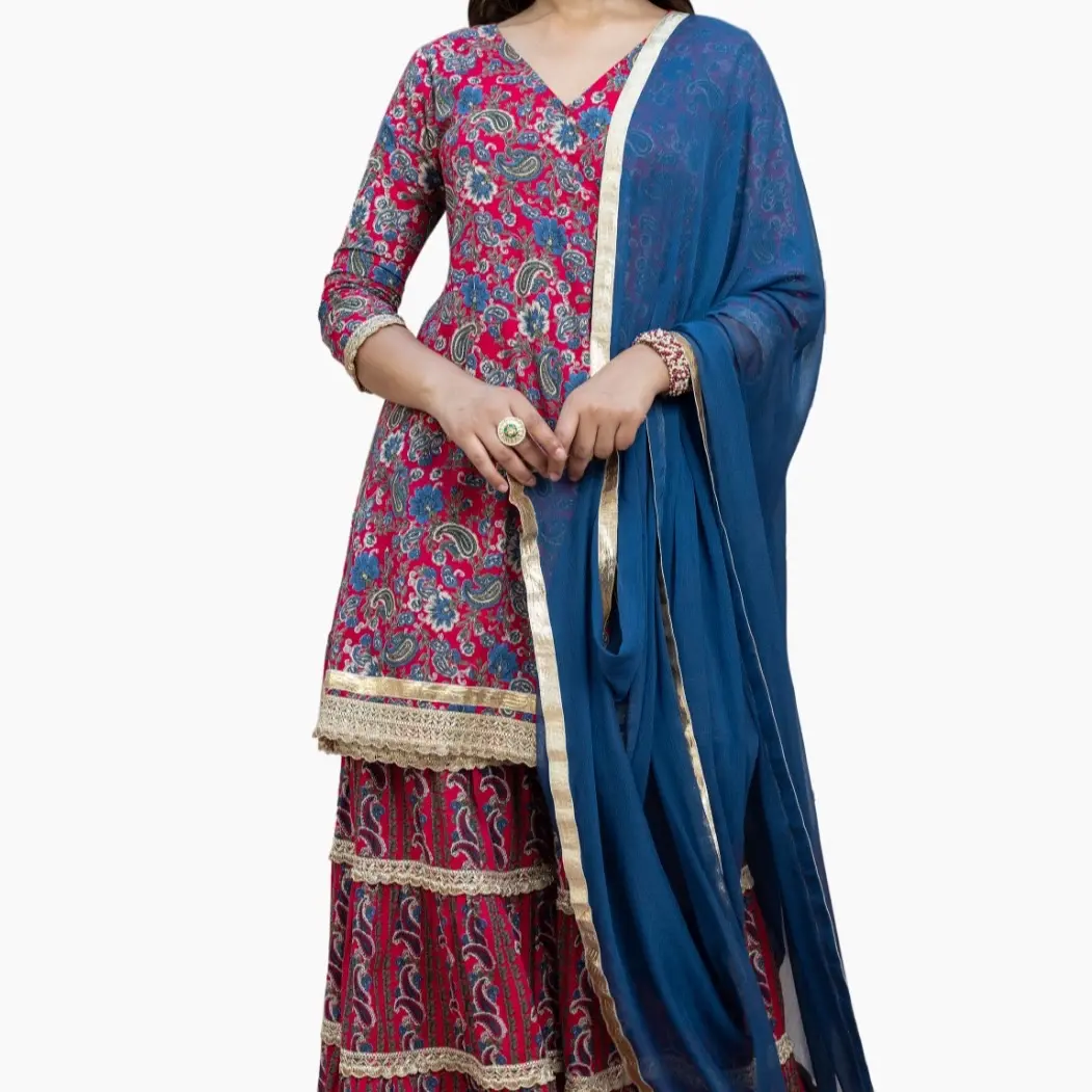 Cotton Hot Pink Ethnic Printed Kurta with Sharara and Dupatta Elegant Elegance Dress Traditional