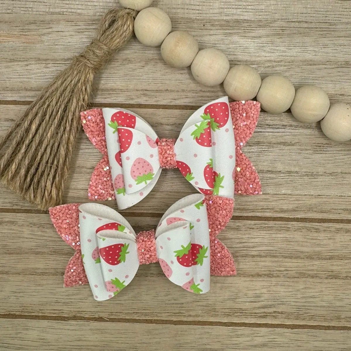2 pc strawberry hair bow clips , 3 inch