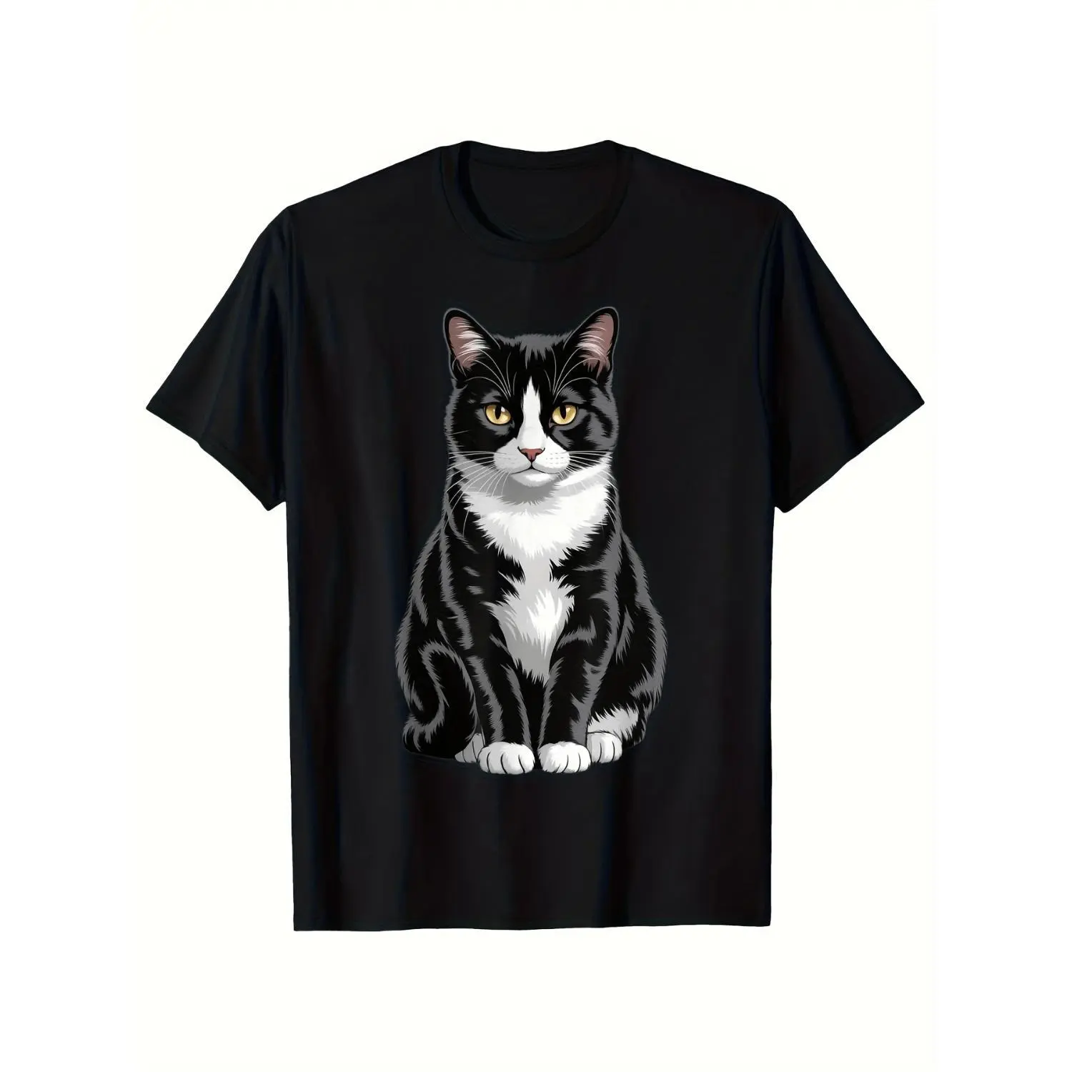 Women's 180gsm Heavyweight Short-Sleeve Cotton T-Shirt - Tuxedo Cat Graphic, Minimalist Monochrome Mark, Round Neck, All-Season, Machine Washable, Gi Matching Streetwear Clothes, Soft Breathable Fabric, Tshirt