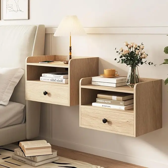 Vabches Set of 2 Wall Mounted Floating Nightstands - Modern Furniture, Home Supplies, Durable Minimalist Space Saver with 2 AC Power Outlets, USB Ports, Drawer, Open Cubby, Cord Hole, Wooden Bedroom Bedside End Tables