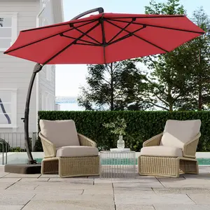 Outdoor Patio Umbrella with Base Included, 360 Degree Rotation, Infinite Tilt, Aluminum Curved Offset Frame, 8 Ribs, for Patio, Garden, Backyard ﻿