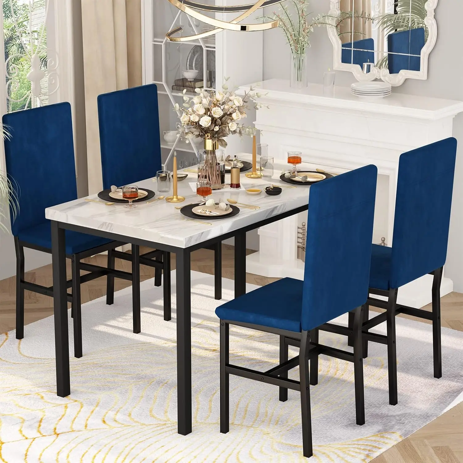 DKLGG 4-Person Modern Dining Table Set with Faux Marble Top, 4 Upholstered Chairs, Space-Saving Indoor Furniture for Small Apartment Home