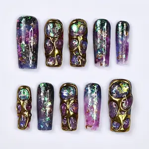 Cosmique Galaxy Press On Nails - 3D Gold Accents, Iridescent Flakes & Cosmic Hues, Handmade Long Coffin Nails for Futuristic Elegance