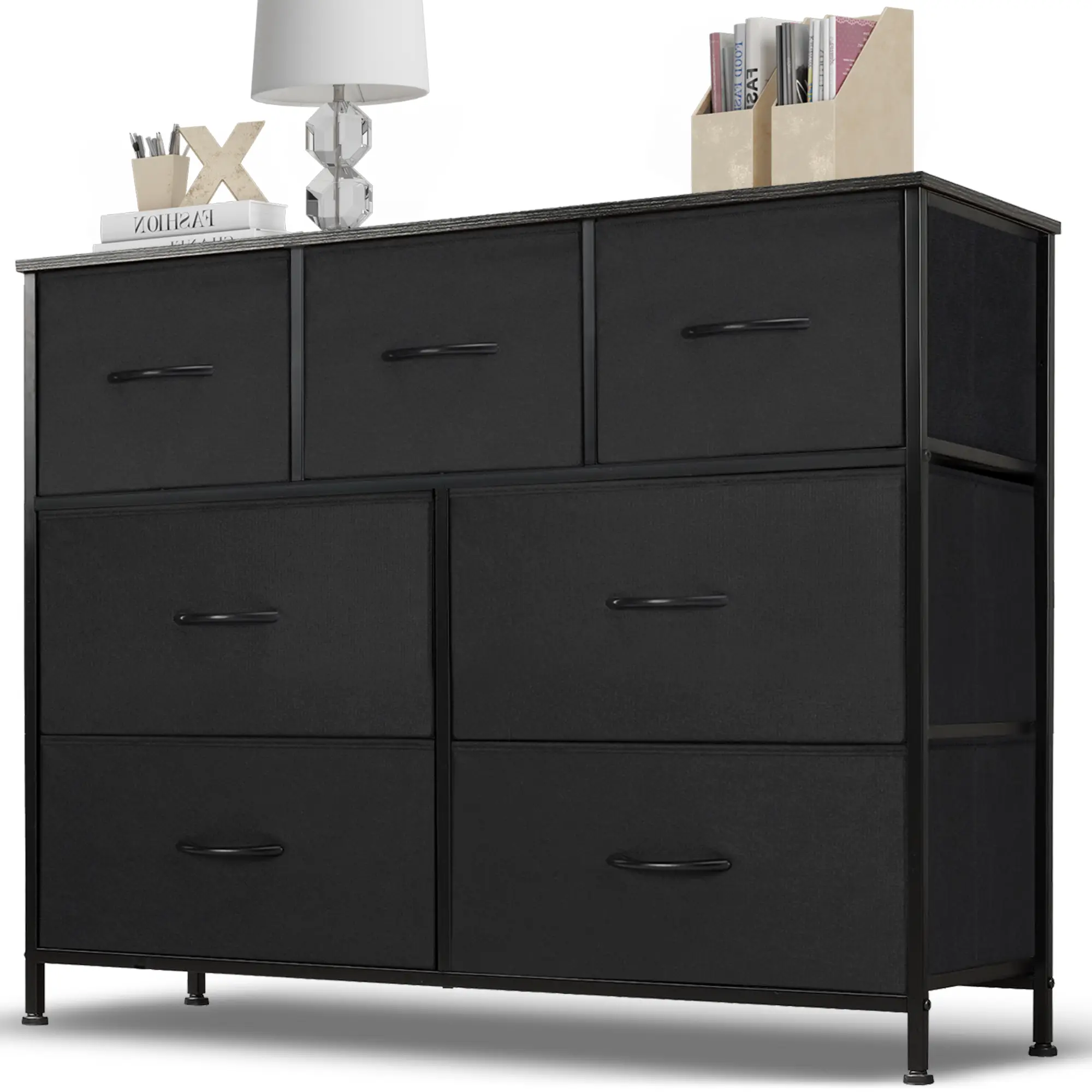 Dresser for Bedroom, 7 Storage Drawers, Wide Fabric Closet Chests Organizer with Wooden Top Metal Frame for Living Room, Hallway, Entryway