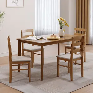 Set of 5 (1 Dining Table with 4 Pieces Dining Chairs ),5 Pieces Solid Wood Dining Table with Wooden Chairs with Line, Set of 5 Dining Tables & Chairs for Ketchen ,Dining Room, Breakfast Tables Chairs Set