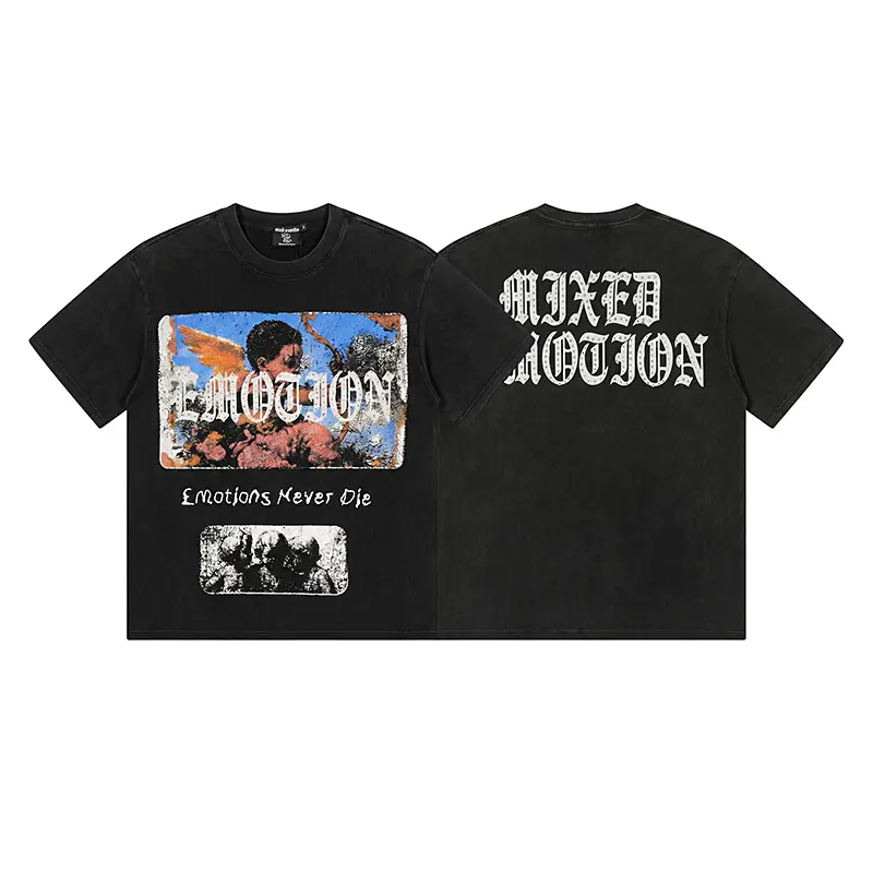 MIXED EMOTION 100% Cotton Certified Rhinestone Cupid Graphic Tee Washed Black Y2K Streetwear Standard Fit T-Shirt