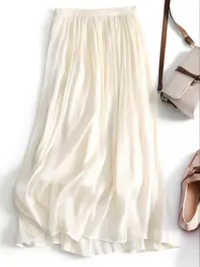 High-End High-Benefit Flowing Mesh Midi Skirt, Glossy Pearl Net Design A-Line Maxi Skirt, Casual Slim-Fitting Spring & Fall Style, Mesh Ruffle Skirt