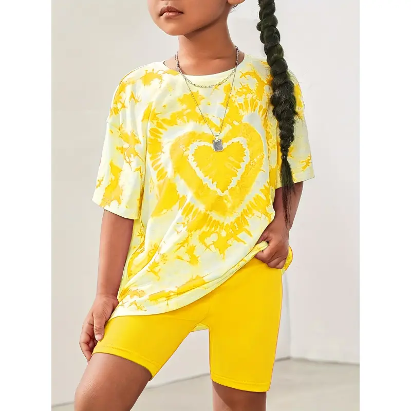 Girls' 2-Piece Tie-Dye Knitted Set - Casual Summer Outfit with Heart Print Short Sleeve Hoodie and Matching Polyester Shorts, Matching Outfits Set, Hiking, Cute Sets
