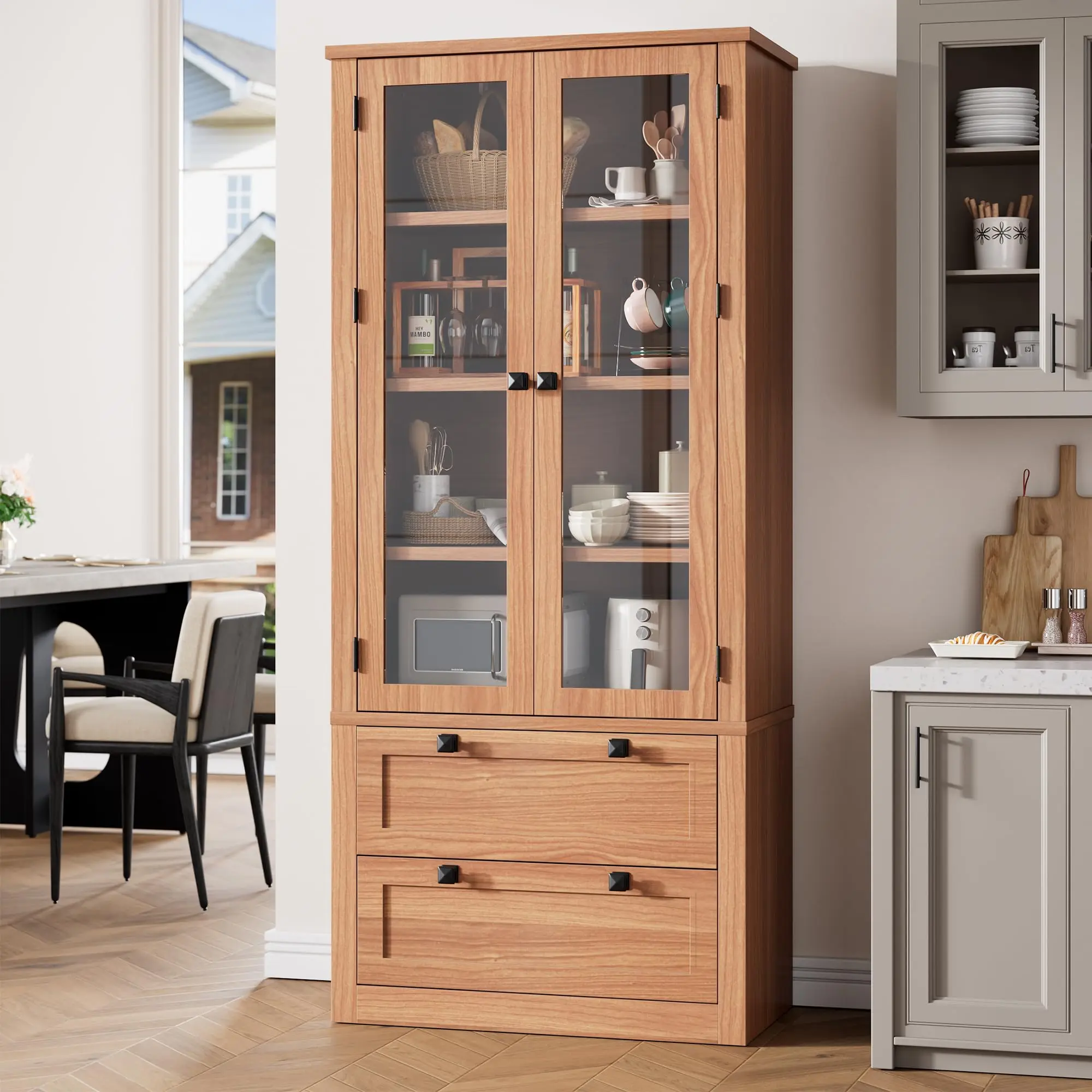Garvee 72" Tall Kitchen Pantry Cabinet - Modern Display Storage Cabinet with 2 Large Drawers, Glass Doors, and Adjustable Shelves, Farmhouse Kitchen Cupboard for Dining Room, Bathroom, Living Room, Walnut