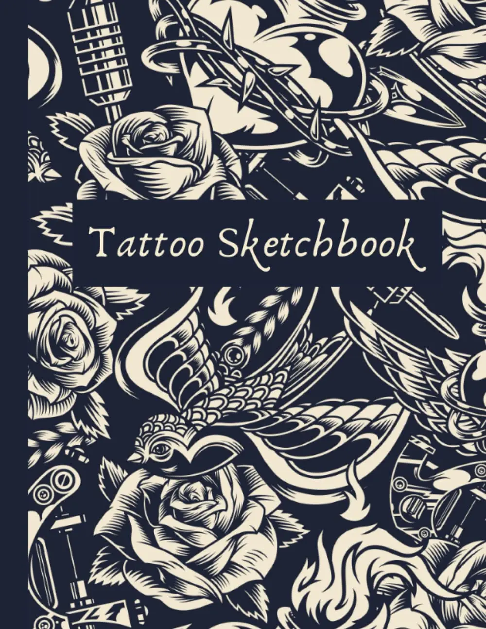 Tattoo Sketchbook: Tattoo artist sketchbook, 120 large blank pages (8.5" x 11") plus dot graph paper & monochrome blackout cover (bird / rose / heart)