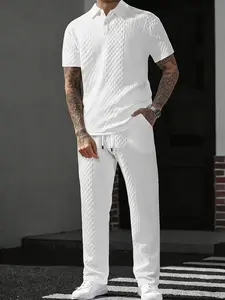 Men's Textured Fabric Polo Neck Short Sleeve + Straight Leg Pants Set, Outdoor Play Running Fitness Casual Wear, Perfect Gift