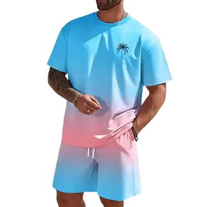Men's Casual 2-Piece Outfit - Gradient Color Summer T-Shirt & Shorts Set, Stylish Crew Neck Tee, Fabric Menswear Polyester Clothes Tops Gamis Crewneck