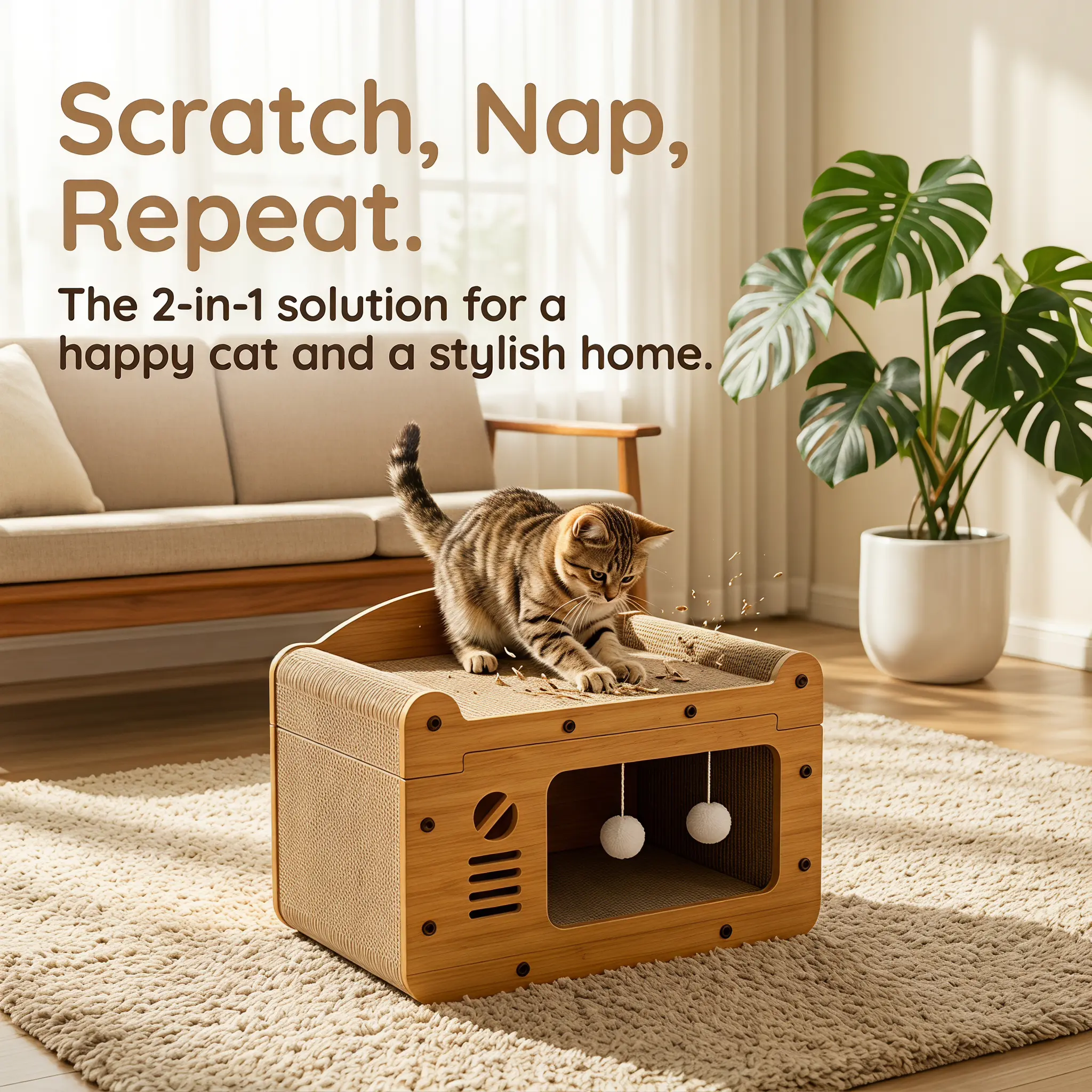 22-In Retro Wooden Jumbo 2-in-1 Cat Scratcher & Bed, Large Pet House for Pets Up to 20lb, with Interactive Dangling Balls, Living Room Decor to Stop Cardboard Scraps & Protect Furniture