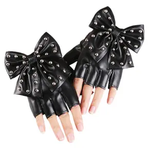 New Women Bowknot Rivet Stage Performance Leather Half Finger Gloves Fashion Sexy Personality Female Nightclub Hip Hop