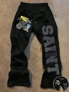 Style Men's Multi-Element Graphic Print Drawstring Waist Flare Sweatpants - Streetwear Casual Loose Fit Pants with "SAINT" Letter & Vintage Badge Prints, All-Season Comfort, Casual Streetwear Trousers