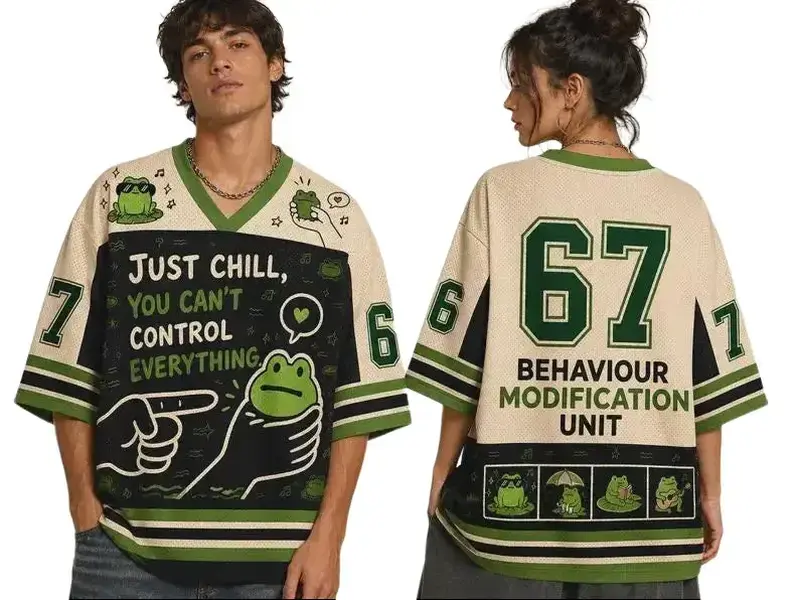 Funny Frog Mesh Jersey Shirt, "Just Chill, You Can't Control Everything" Graphic V-Neck Tee, Unisex Relaxed Sports Jersey