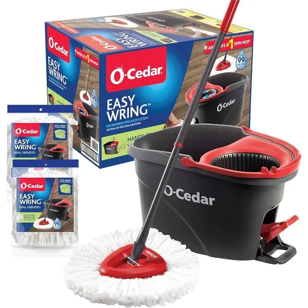 O-Cedar EasyWring Microfiber Spin Mop & Bucket Floor Cleaning System + 2 Extra Refills, Red/Gray