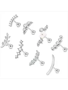 Diverse 8 Pcs Silvery Glimmering Cartilage Studs for Women Men Fashionable Copper Ear Piercings Tragus Decorative Jewelry Leaf Floral Bar-Style Top Ear Studs Sparkly CZ Climber Earring Bundle for Tragus Conch Helix Multi-position Daily Body Piercing Wear