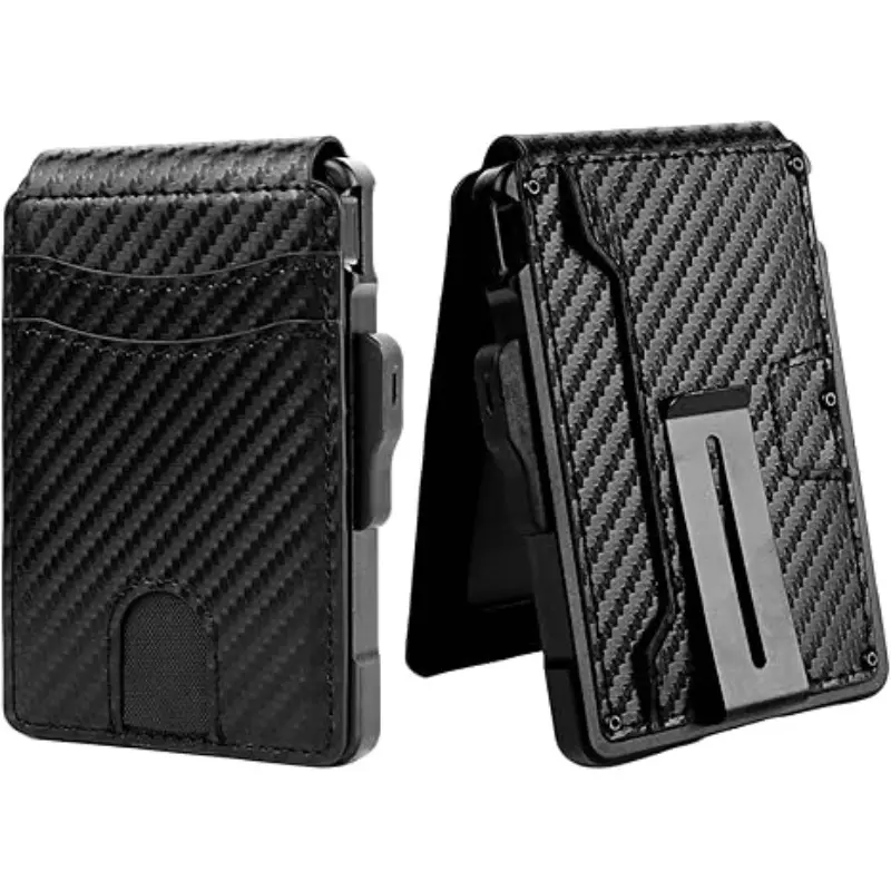 Slim AirTag Wallet for Men - Pop-Up Aluminum Case, RFID Blocking Leather Bifold with Money Clip & Card Slots, Includes Gift Box,No Airtag Included,Carbon Black