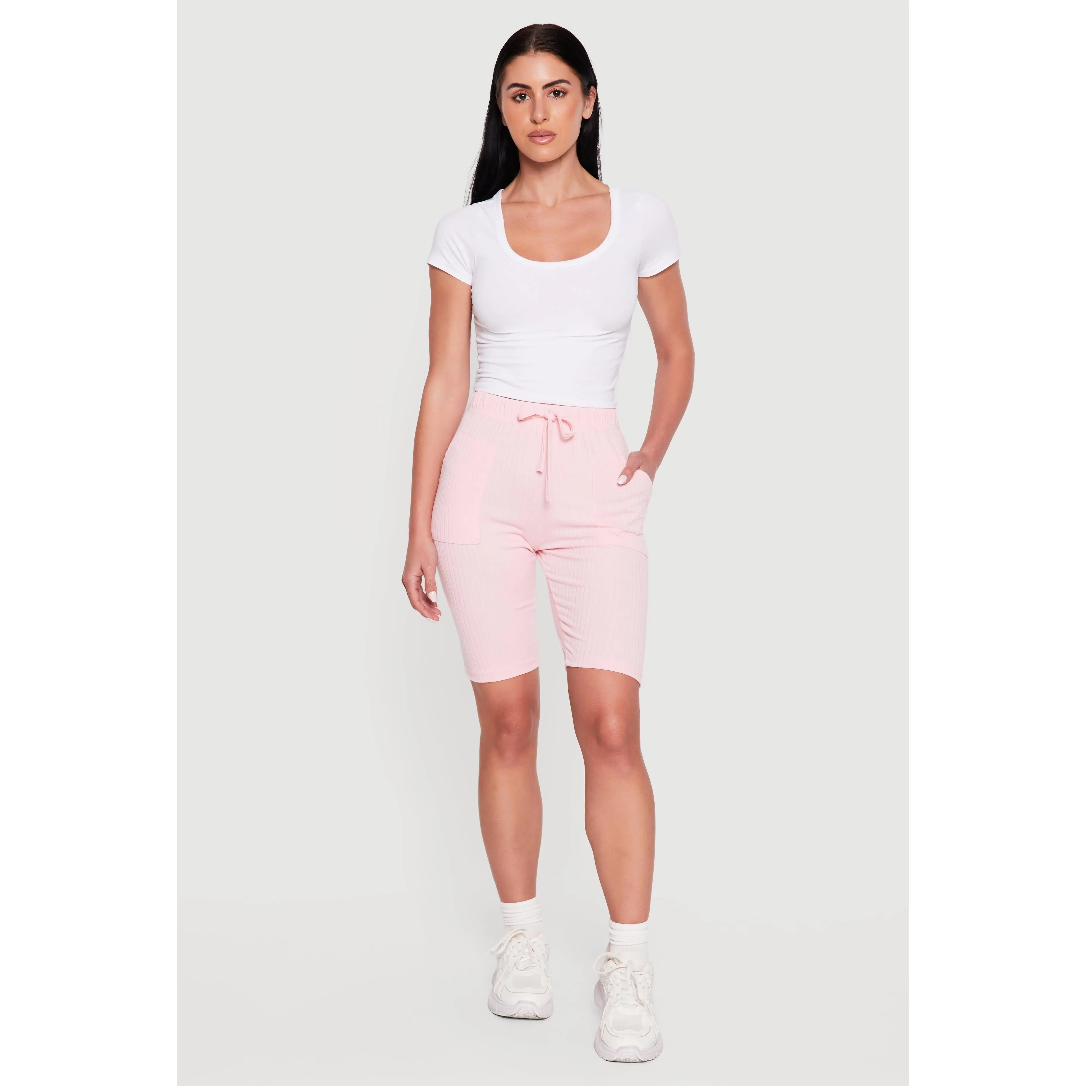 Faux Drawstring Waist Ribbed Knit Shorts