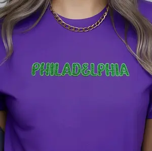 Embroidered T-Shirt says "Philadelphia" in Eagles Kelly Green Glitter. Represent your city. Casual Womenswear Everyday Jacket