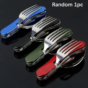 Random Color Multifunction 4 In 1 Outdoor Tableware (Fork/ Spoon/ Knife/ Bottle Opener) Camping Stainless Steel Folding Pocket Kits For Hiking Survival Travel