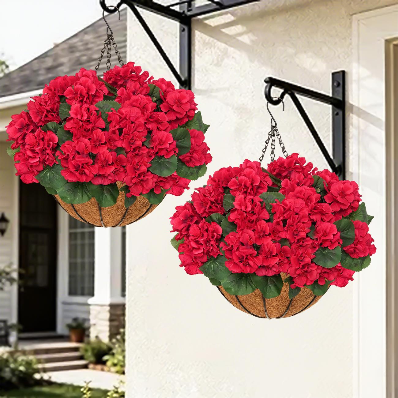 2pcs Artificial Geraniums with Hanging Baskets, 12 Bundles UV Resistant Artificial Outdoor Plants, Fake Red Flowers for Spring Front Porch Home Patio Balcony Yard Decor