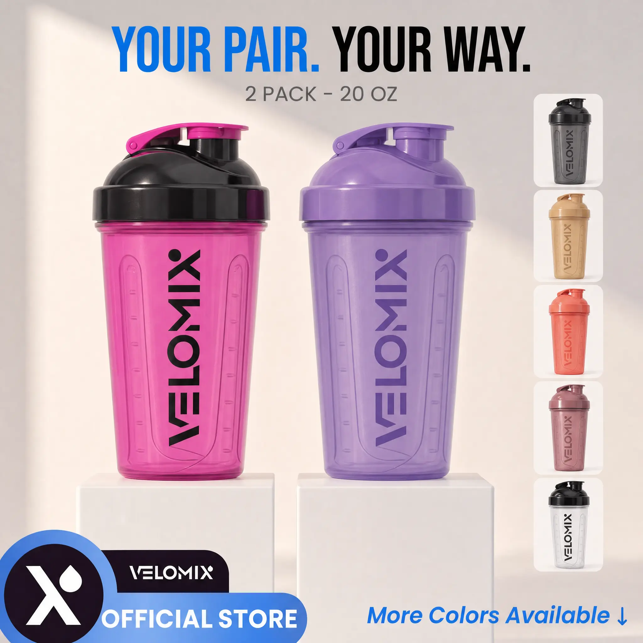 VELOMIX 2-Pack 20oz Protein Shaker Bottles - BPA-Free, Leak-Proof Gym Accessories Water Bottles with Wire Whisk Ball for Gym Essentials (Multiple Colors)