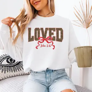 Gildan 18000 Loved John 3:16 Sweatshirt Leopard Christian Crewneck Soft Pink Unisex Heavy Blend 50/50 Cotton-Polyester Fabric Comfortable Durable Faith-Based Outfit