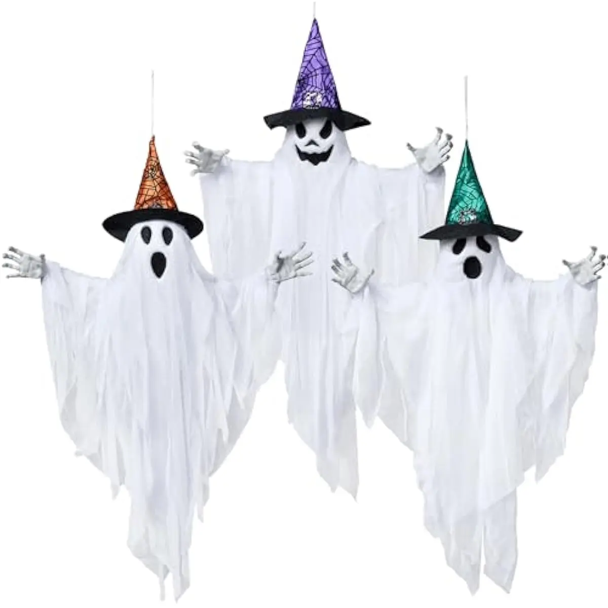 3 Pack 24.8" Halloween Hanging Ghost Decorations, Halloween White Flying Ghosts with Hats for Haunted House Graveyard Scene, Spooky Indoor and Outdoor Decor