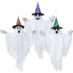 3 Pack 24.8" Halloween Hanging Ghost Decorations, Halloween White Flying Ghosts with Hats for Haunted House Graveyard Scene, Spooky Indoor and Outdoor Decor