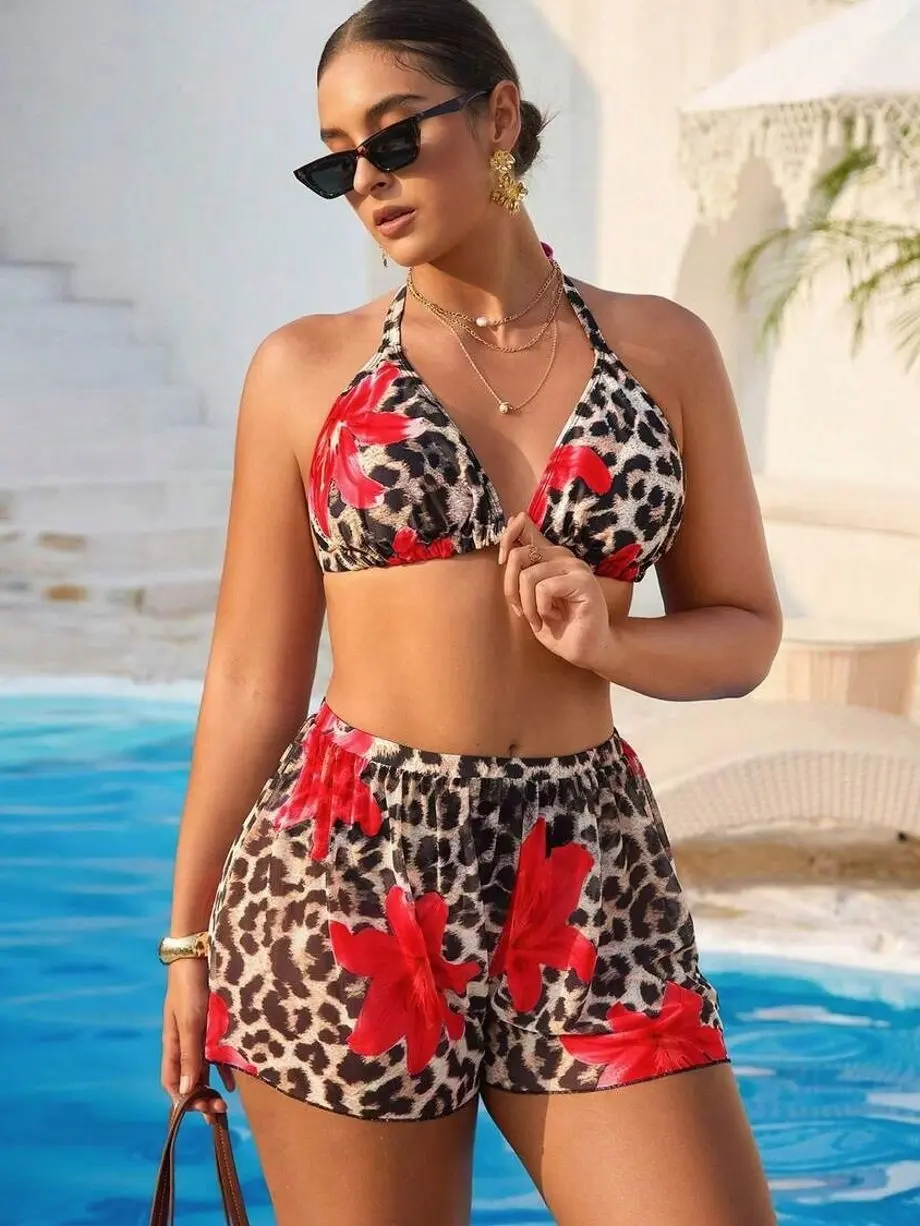 Plus Size Leopard Floral Print Swimsuit Set - Summer Beach Vacation Wear
