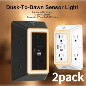 Extension Cord   9-in-1 Extendable Outlet Extender with USB-C & Night Light 6 AC Outlets + 3 USB Ports Surge Protector Wall Mount Power Strip ETL Listed 2-Pack for Home Office Travel Slim Flat Design Socket